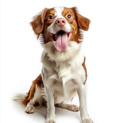 Happy dog sitting, looking up  Joyful expression