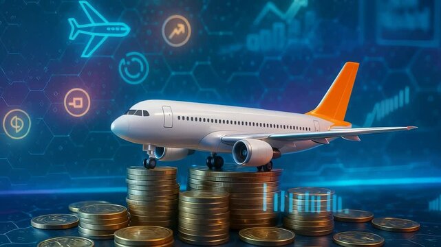 Airplane on Coin Stack with Digital Finance Icons Representing Airline Investment, Travel Economy and Aviation Strategy

