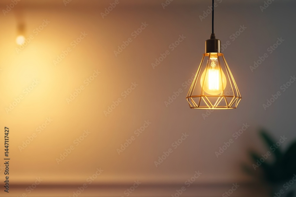 Aufkleber a contemporary ceiling lamp with a gold geometric frame and frosted bulb illuminates a white wall, c