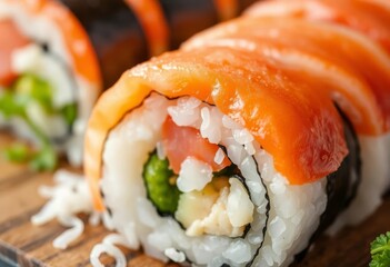 Close-up of vibrant sushi roll, fresh fish, rice, seaweed, tuna, luxury