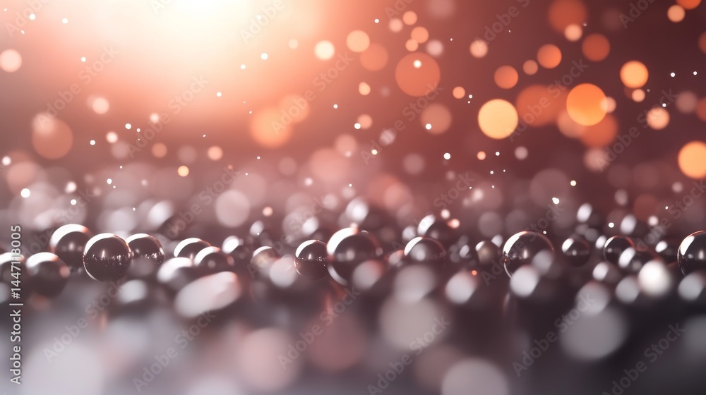 Poster low-angle close-up of scattered sparkling glass beads on a reflective surface, arranged randomly, sh