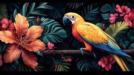 Fototapeta premium Vibrant macaw nestled amid tropical floral tapestry a symphony of wildlife art a detailed depiction of avian beauty and lush garden harmony