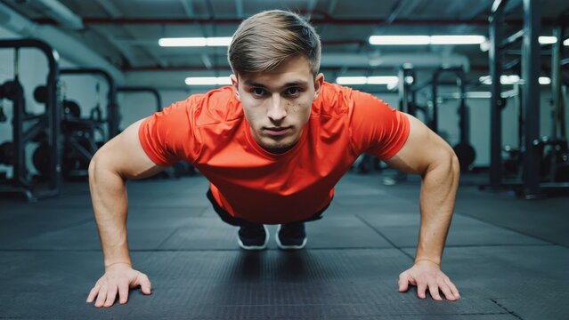 A young man in athletic clothing doing push-ups with a focused expression on his face, set against the backdrop of a gym.