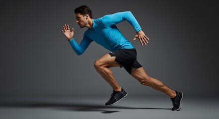 Studio-shot of a lean muscular man in running gear, mid-stride pose