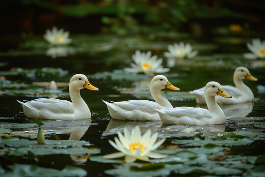 A group of white ducks swimming in a pond with lily pads and white flowers in the background calmly