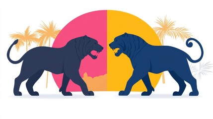 Obraz premium Pixelated duo of majestic lions confronting each other against a backdrop of vibrant, stylized sunset hues evoking primitive power and feline elegance