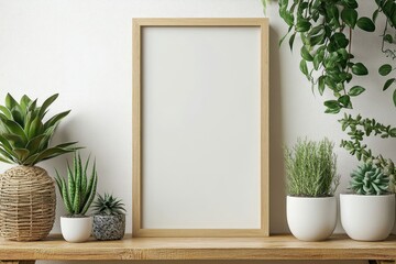 Decorative display featuring an empty wooden frame surrounded by various indoor plants on a wooden shelf