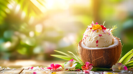 A delicious coconut ice cream with a creamy texture, served in a rustic coconut shell with tropical garnishes