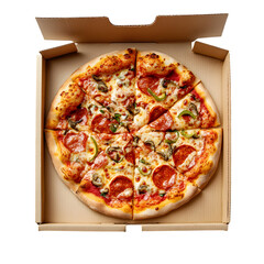 Cardboard box with tasty pizza isolated on white background