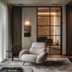 Modern, cozy living room with neutral tones, featuring a comfortable armchair and natural light