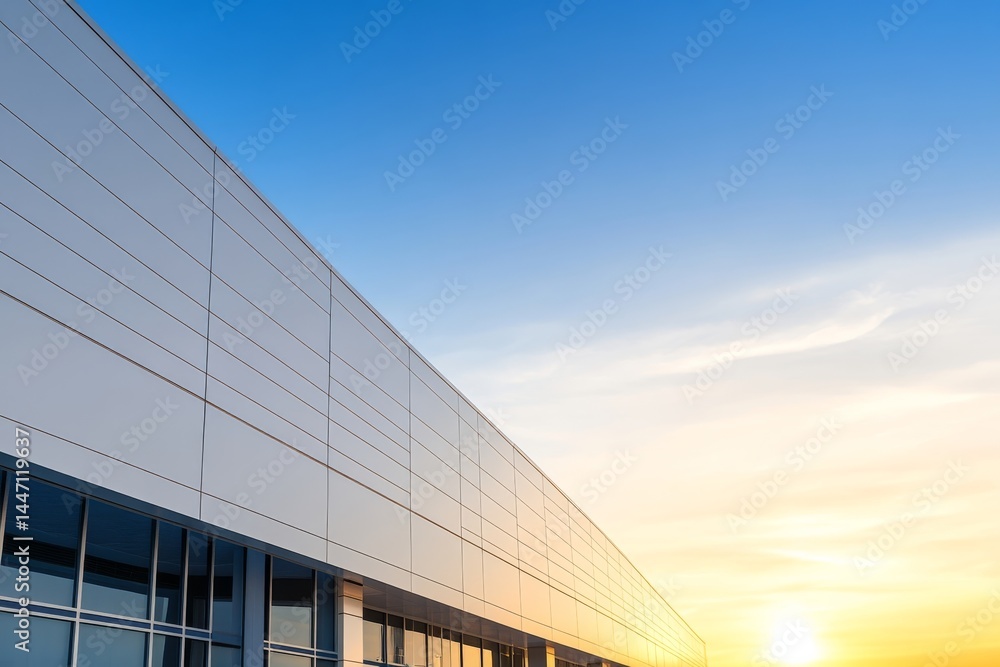 Poster low-angle shot captures a sleek modern building with geometric shapes against a clear sky, highlight