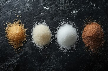 Different types of sugar displayed on dark stone surface for culinary and baking purposes