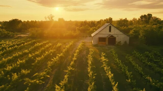 Vineyard at sunset with barn