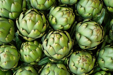 Fototapeta premium Fresh green artichokes arranged neatly on a market display during a vibrant afternoon