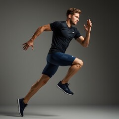 Studio-shot of a lean muscular man in running gear, mid-stride pose