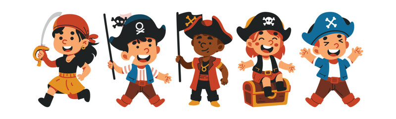 Group of cartoon kids dressed as pirates. Cheerful and colorful pirates for a party, children's event, adventure story, or playful design project.