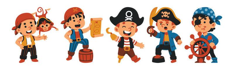 A cheerful cartoon illustration featuring a set of pirate boys in their classic buccaneer costumes, perfect for nautical adventures and playful party themes.