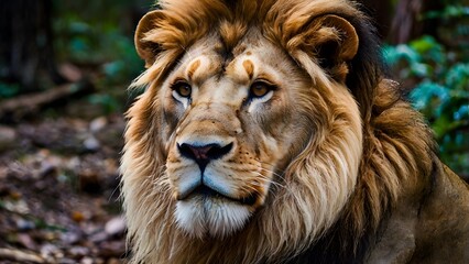 Fototapeta premium The facial area of a fierce lion in a jungle. 