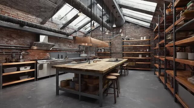 Industrial style kitchen with wooden shelves and counters.