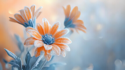 Obraz premium Soft focus reveals orange and blue frosted flower blooms in a vase, flower blooms, flowers. [Frozen Time] | Clock Bloom | frosted flower. Illustration