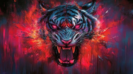 Ferocious tiger head illustration with intense fiery background creating a wild and powerful visual statement evoking primal energy