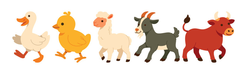 Cartoon illustration featuring a group of cute and cheerful farm animals including a duck, chicken, sheep, goat and bull, all in a playful and lively design.