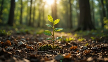 Young Sapling Emerging from Forest Floor A Close-Up of New Life and Growth in Sunlight