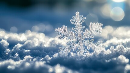 Close-up of a single, intricate snowflake resting on a bed of freshly fallen snow, illuminated by soft sunlight.