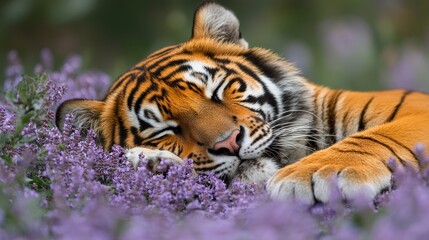Obraz premium Tranquil tiger slumbering amidst a vibrant sea of purple blossoms, showcasing serene wildlife portrait and contrasting nature's beauty in delicate detail photography