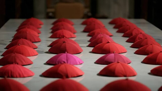 Red Birettas Arranged on Marble Table Symbolizing Equality and Tradition before Papal Conclave