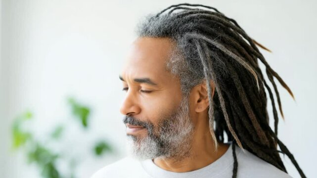 Relaxed man with dreadlocks smiling and turning in minimalist bright setting