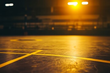 A wrestling mat lit by a single light casts dramatic shadows, highlighting the sport's texture and energy while providing space for text