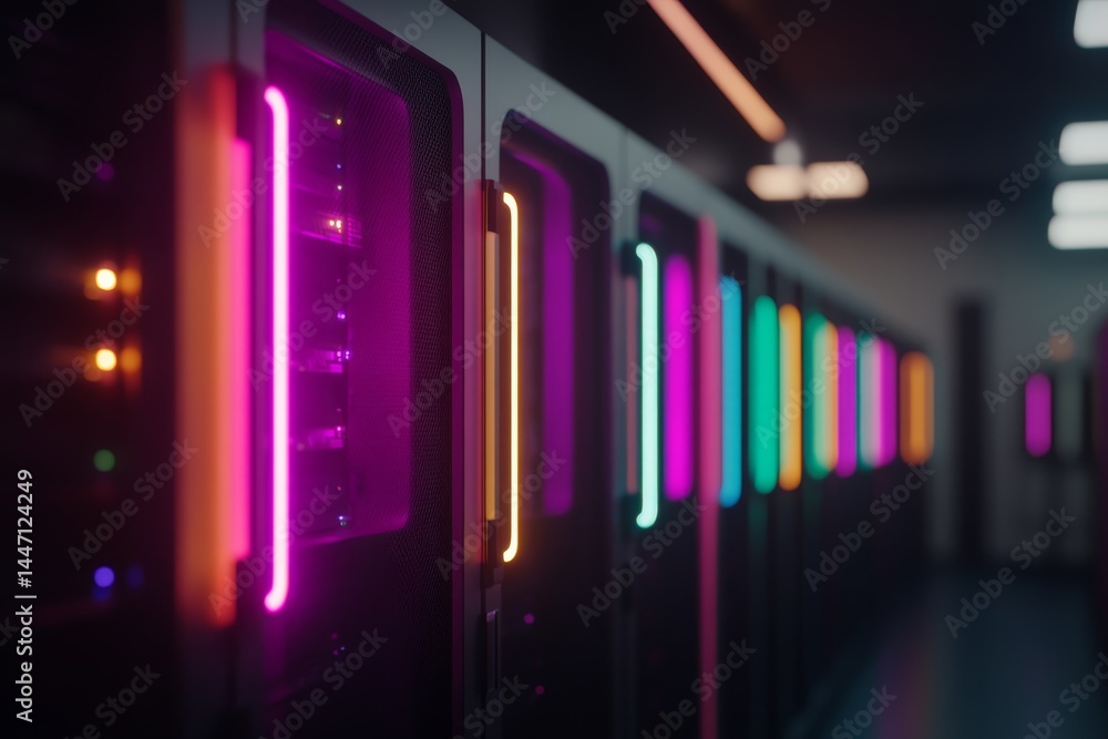 Aufkleber Low-angle view showcases a modern server rack featuring glowing LED lights