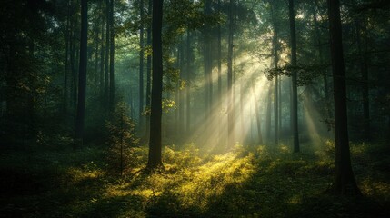 Fototapeta premium Sunbeams Dancing Through Mystical Forest