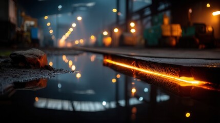 Atmospheric industrial steel production at night factory