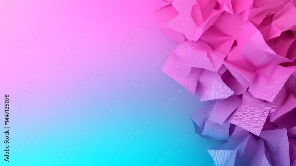 Poster Interconnected 3D polygons form dynamic shapes, suspended in space with bold metallic reflections, set against a smooth gradient of teal and purple hues