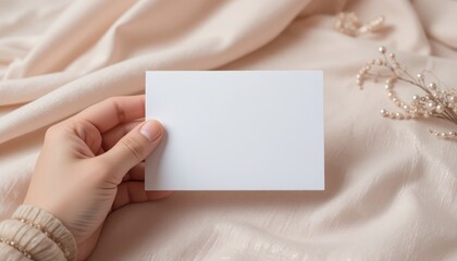 Obraz premium Elegant Blank Card Mockup Soft Fabric and Delicate Jewelry Background - Perfect for Branding and Invitation Design