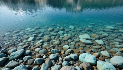 Tranquil Teal Lake Serene Waters Reflecting Majestic Mountains and Crystal Clear Shore