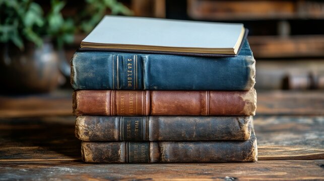 A stack of aged hardback books on a rustic wooden surface invites exploration and evokes a sense of scholarly wisdom and literary heritage