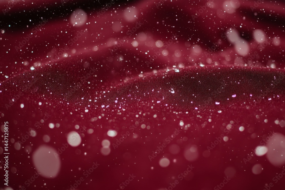 Poster Details of a vibrant red fabric textured surface highlighted with tiny water droplets reflecting light, demonstrating its waterproof features and smooth finish