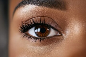 Naklejka premium Single female eye highlighted by soft, natural makeup, long lashes, and warm light creating a subtle shimmer on the eyelid, with copy space available