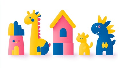 Obraz premium Cheerful pixelated building blocks showcase vibrant giraffes fantasy castle and playful dragon creating whimsical scenery evoking childhood innocence