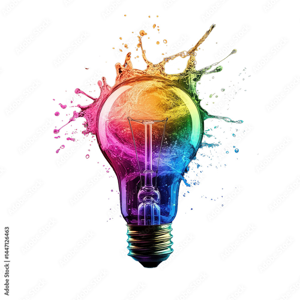 Poster Creative light bulb with vibrant liquid color splash against dark background, Creative Idea light bulb with liquid color splash