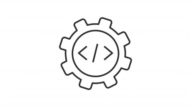 Programming line animation. Software development animated icon. Spinning gear, rotating. Moving code brackets. Coding, cybersecurity. Outline element on white background. HD video with alpha channel