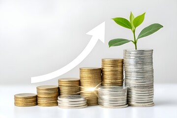 Financial Growth Concept with Coins, Plant, and Upward Arrow on White Background