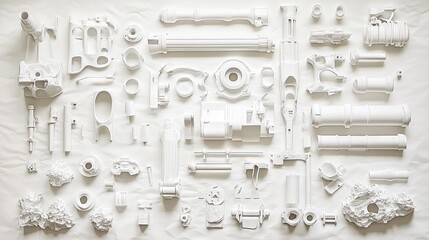 Precisely arranged white mechanical components on a light background.