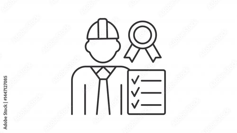 Poster quality control manager line animation. qa specialist animated icon. shaking head, moving ribbon. sc