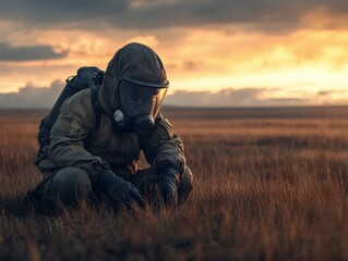 Calm bomb disposal expert focused amidst a tranquil sunset landscape