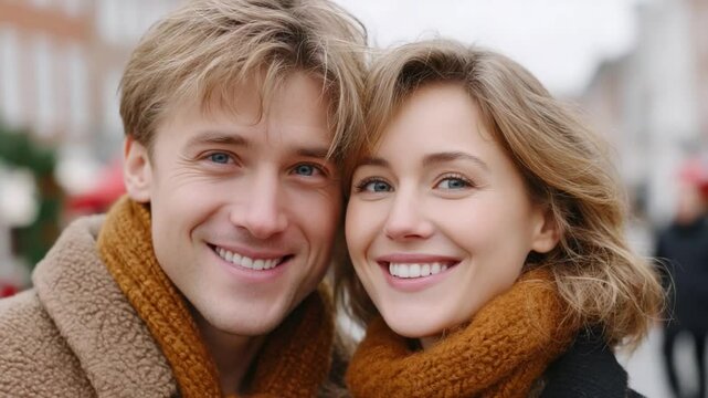 Smiling Couple in City: A young couple radiate warmth and happiness as they share a tender smile together, capturing a moment of shared joy amidst the bustling city.
