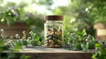 A clear bottle with a brown lid is filled with brown and beige capsules and surrounded by various green plants on a wooden surface.